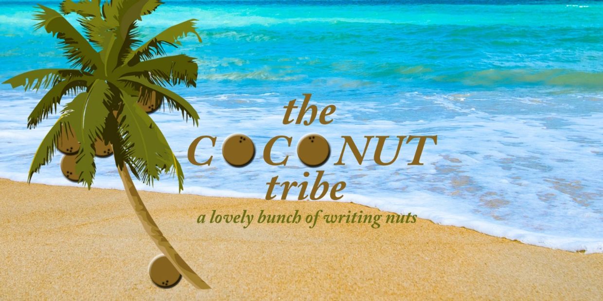 Beach scene with a coconut tree and text about a writing group.