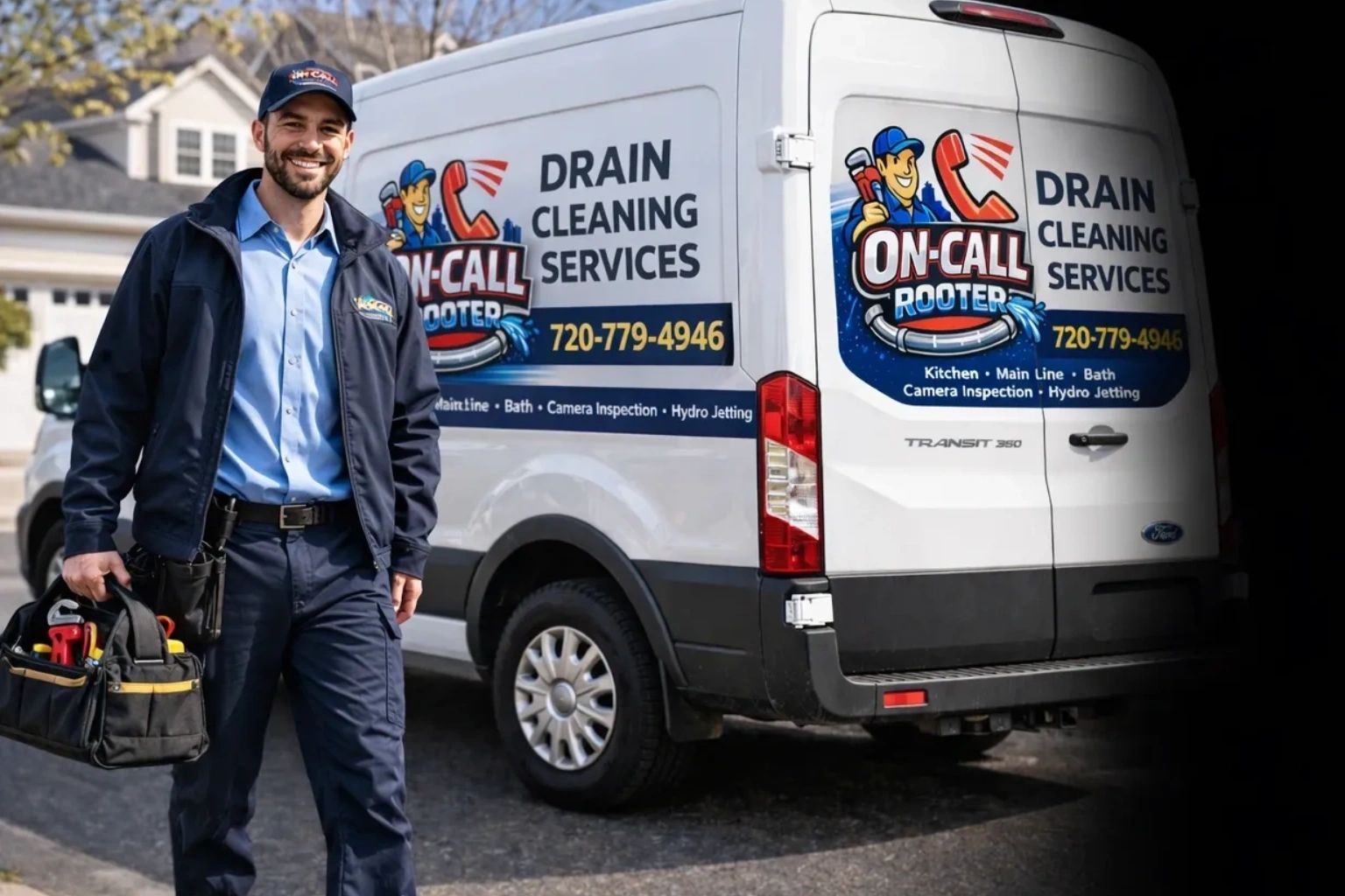 Smiling plumber holding tools beside a branded drain cleaning service van.