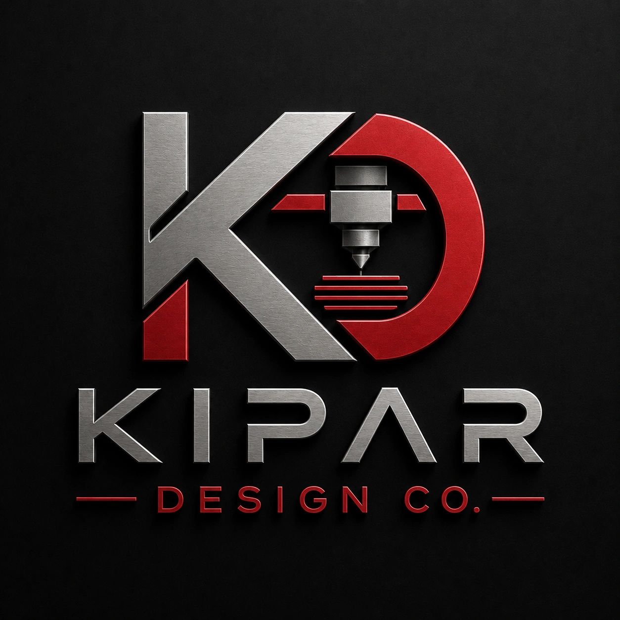 Modern logo for Kipar Design Co. with metallic and red elements.
