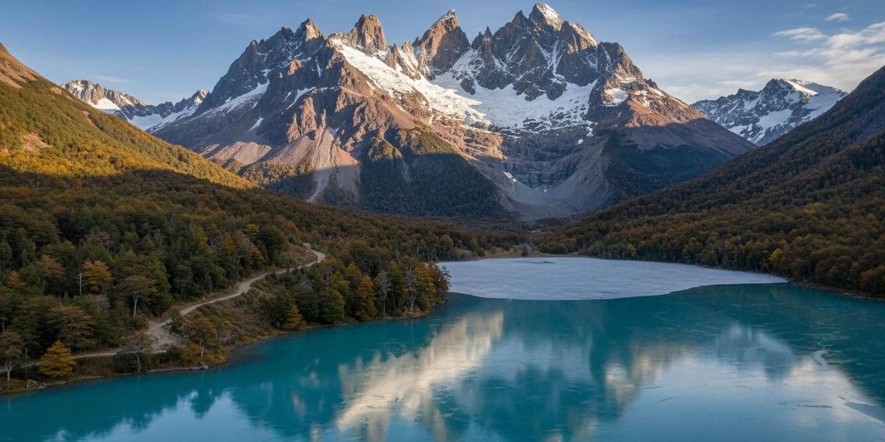 Snow-capped mountains reflecting in a turquoise lake surrounded by autumn forests.