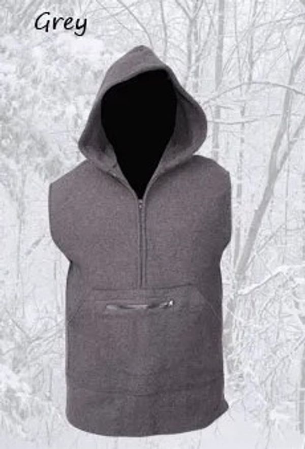 Grey hooded sleeveless fleece jacket with front pocket.