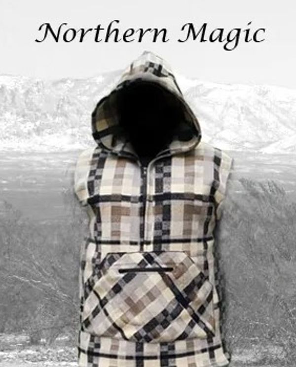 Plaid sleeveless hoodie with front pocket and "Northern Magic" text.