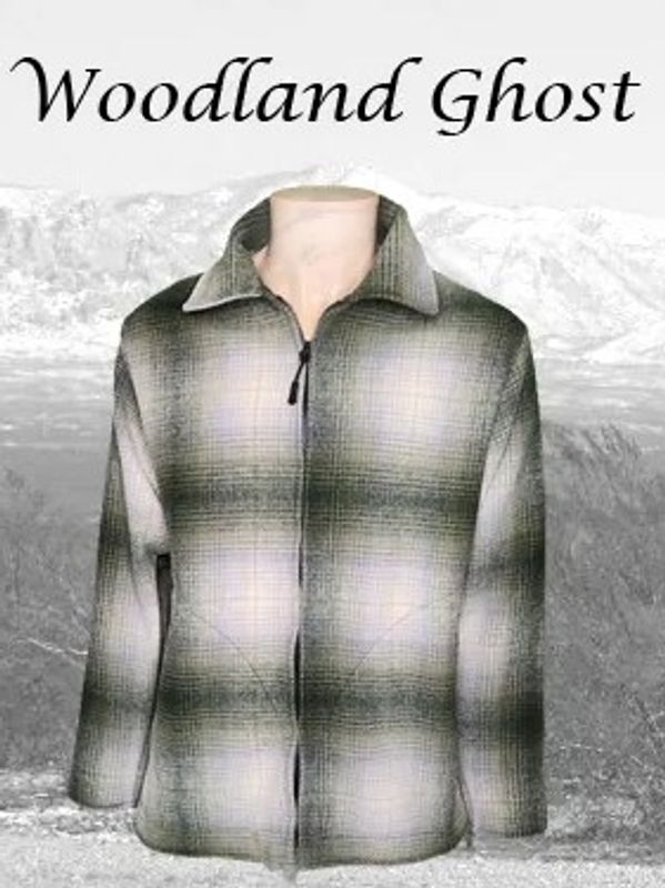 Plaid jacket named 'Woodland Ghost' displayed against a mountain background.
