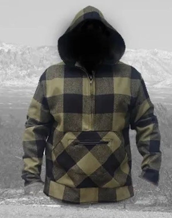 Plaid hooded pullover with front pocket and half zipper.