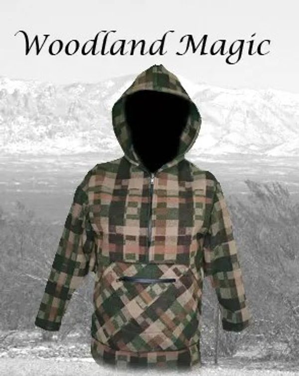 A plaid hooded jacket with a front pocket labeled Woodland Magic.