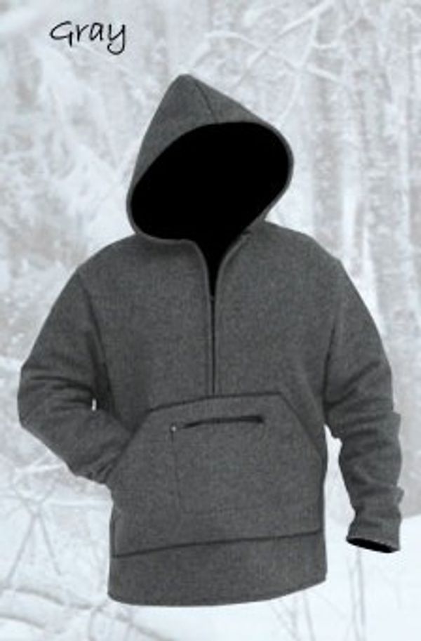 Gray hooded Jacket with a front zipper pocket displayed against a snowy background.