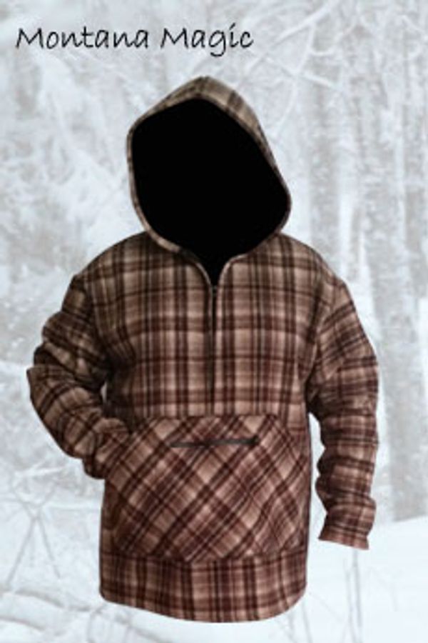 Plaid brown hoodie with a front pocket and hood, displayed against a snowy background.