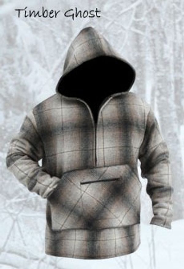 Plaid hooded jacket with a ghostly black face on a snowy background.