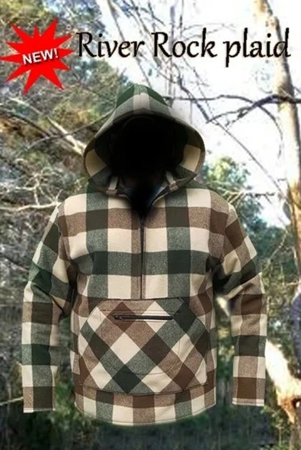 Plaid hoodie with brown and green checks, labeled River Rock plaid.