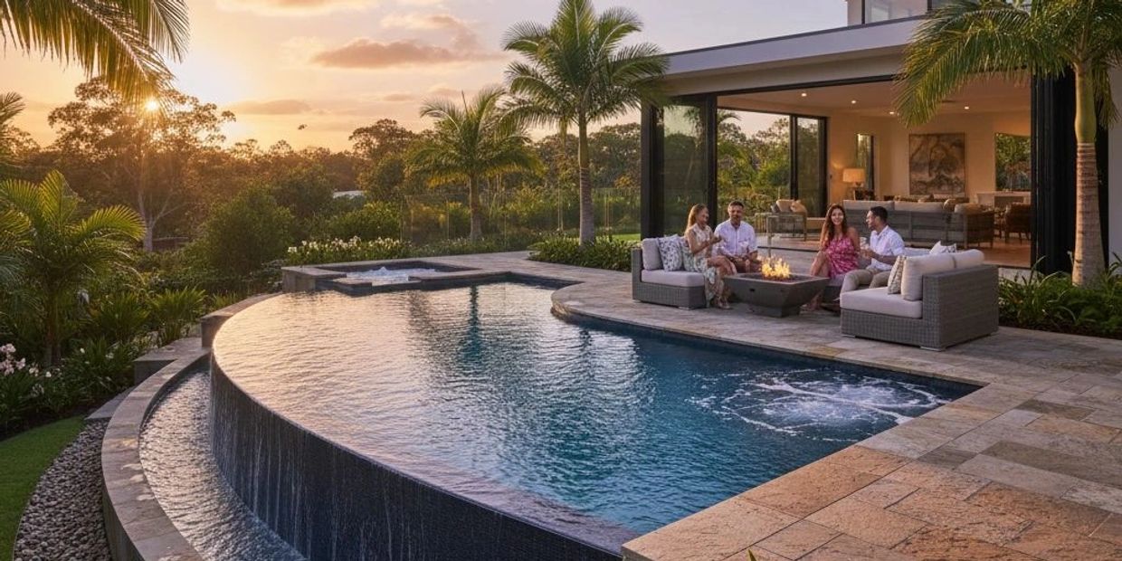 Four people relax by a modern infinity pool at sunset.