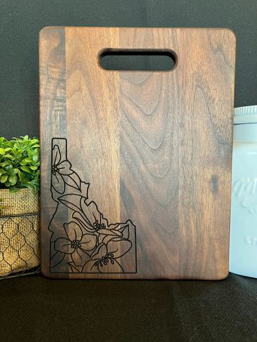 Walnut Cutting board with the state of Idaho and flowers