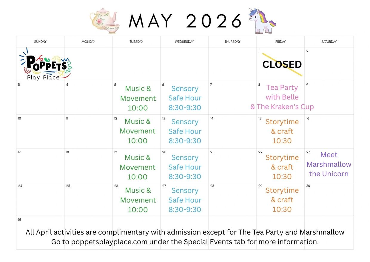 May 2026 calendar for Poppets Play Place with events like Music & Movement and Storytime.