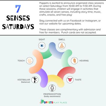 7 Senses Saturdays flyer for complimentary craft snack music at Poppets in West Knoxville Farragut.