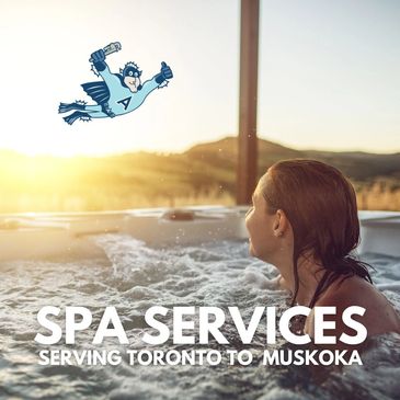 Woman in hot tub at sunset with Aquaman Pool and Spa Service character flying in sky