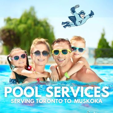 Family with sunglasses in swimming pool with Aquaman Pool and Spa Service character flying in sky