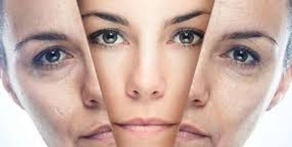 A face showing aging effects and rejuvenation comparison.