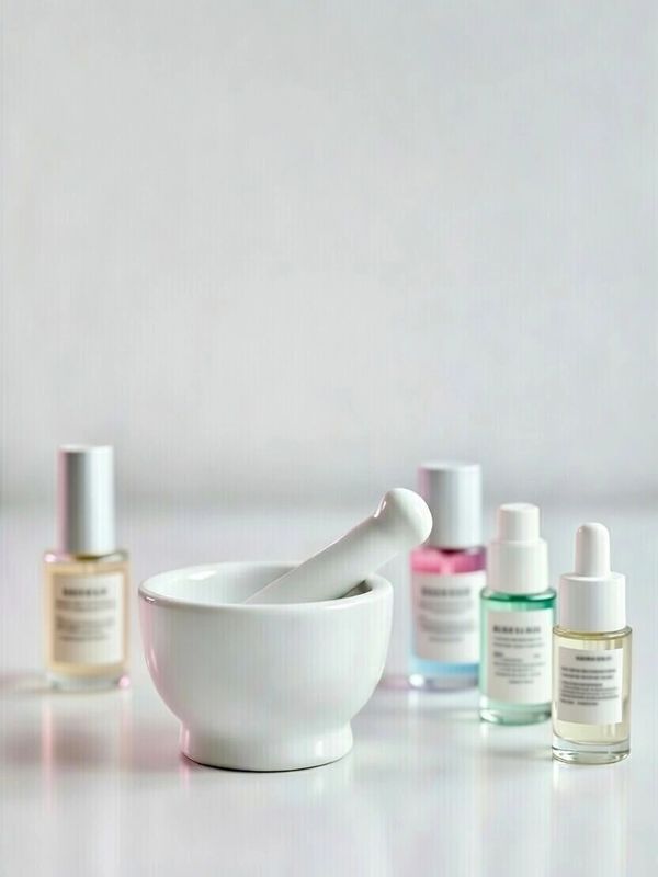 A white mortar and pestle with skincare serum bottles in the background.