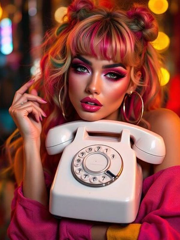 Woman with vibrant makeup and hair holding a vintage rotary phone.