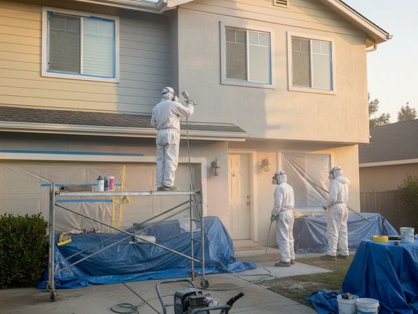 Workers in protective suits spray paint a house exterior, preparing it for a fresh coat.