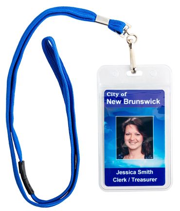 ID badge for Jessica Smith, Clerk/Treasurer, City of New Brunswick with blue lanyard.