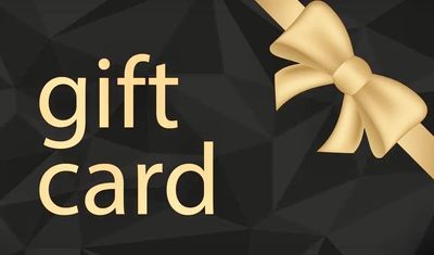 Elegant gift card design with gold bow on black background.
