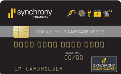 Synchrony Financial car care credit card with gold and black design.