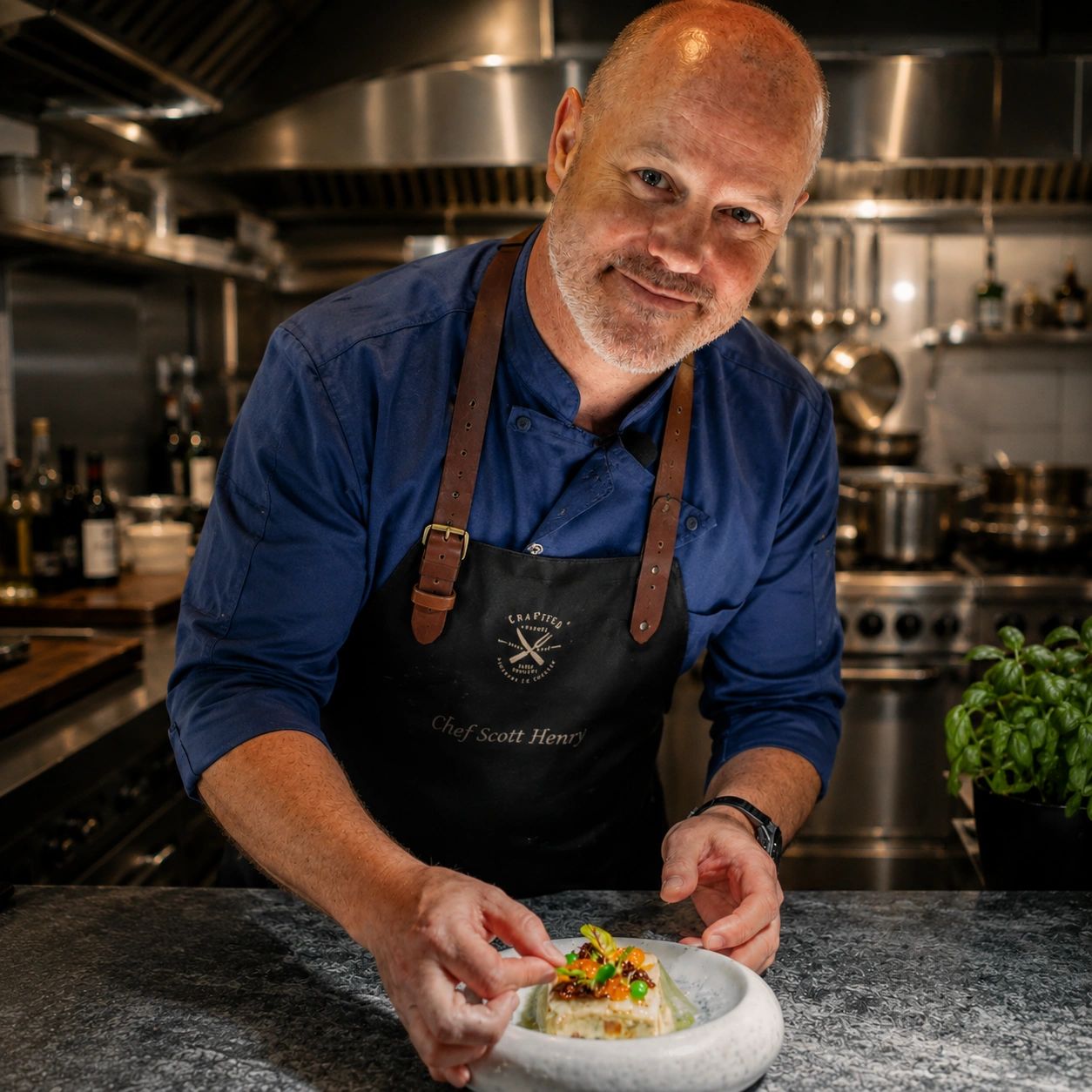 Chef presenting a gourmet dish in a professional kitchen.