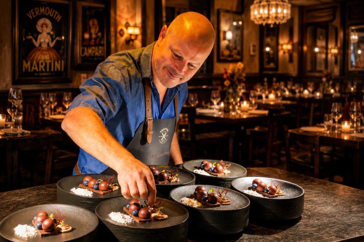 Chef preparing elegant chocolate desserts in a warmly lit restaurant.