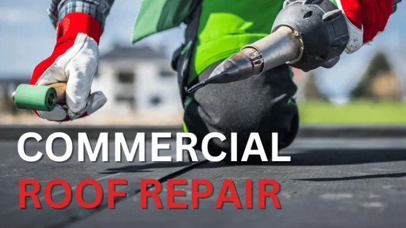 Worker performing commercial roof repair with tools and safety gloves.