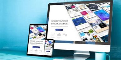 A computer, tablet and mobile phone showing the same content