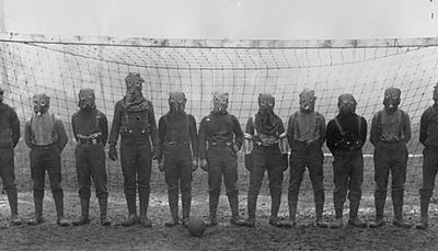 British army football team wearing gas masks