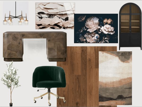 Elegant office setup with dark wood, green chair, floral art, and modern lighting.