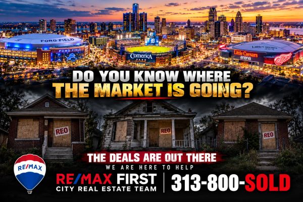 Detroit cityscape and REO homes promoting real estate market deals.