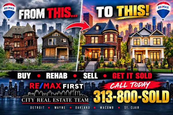 Real estate ad showing transformation from old to renovated homes.