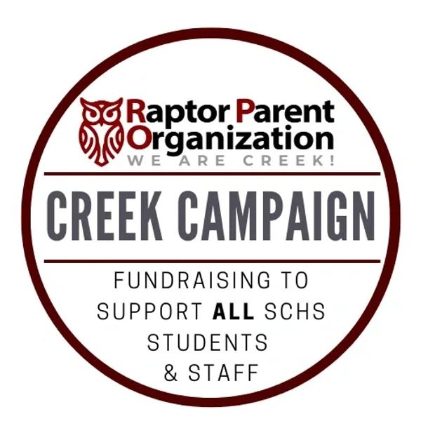 Round logo for with owl graphic and the words Raptor Parent Organization. Underneath it says "Creek