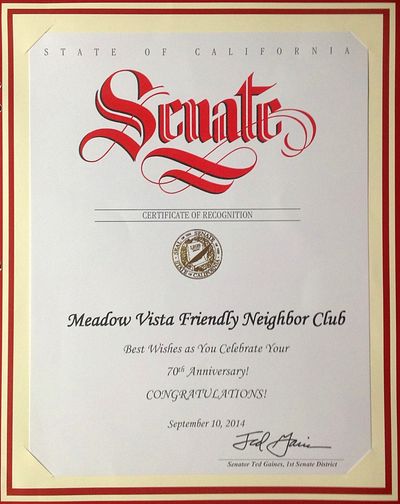 Certificate of Recognition for our 70th year bestowed by the California State Senate.