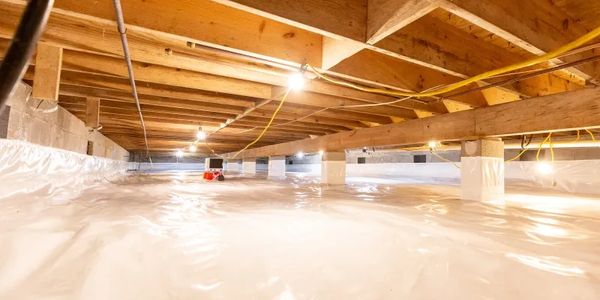 Clean, well-lit crawl space with wooden beams and moisture barrier.