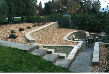 outside dining, sunken patio, retaining wall, almost wild rose, champlain rose