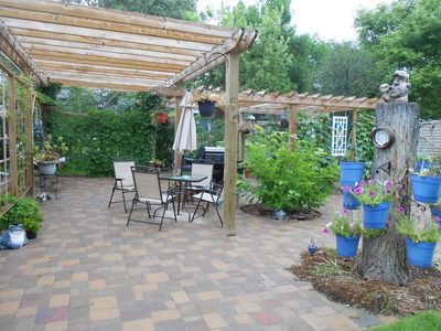 backyard patio, purgola, pavers, butterflies magnolia