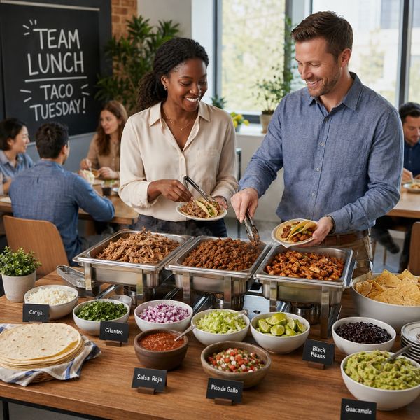 Coworkers enjoying a taco Tuesday lunch buffet with various toppings and fillings.