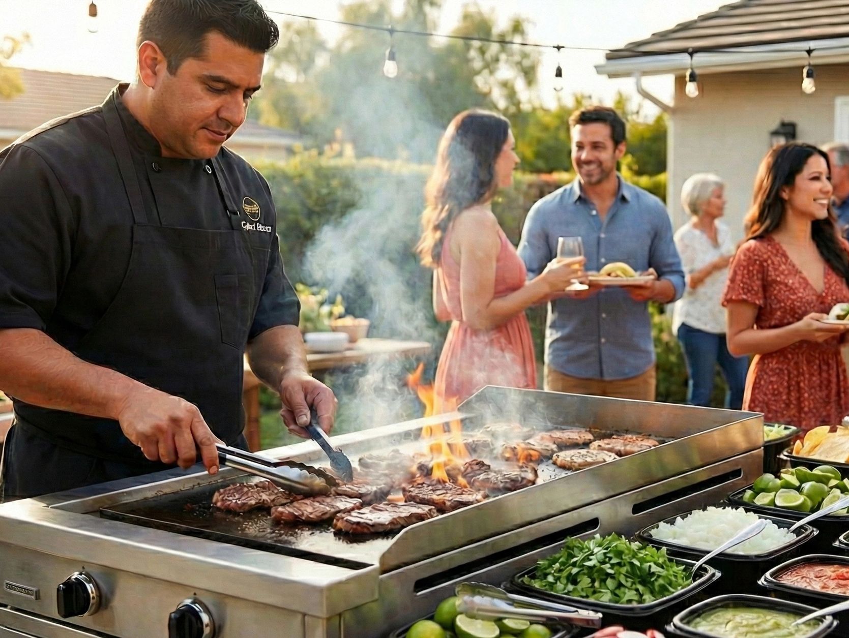 Man grilling meat at an outdoor party with friends enjoying food and drinks.