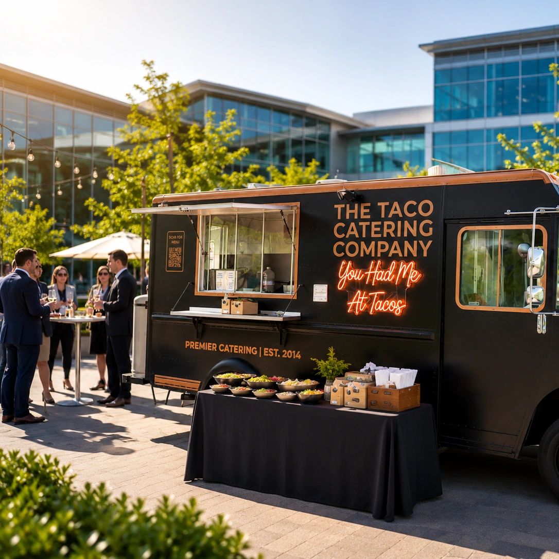 A black taco catering truck with a neon sign and a table of toppings outside.