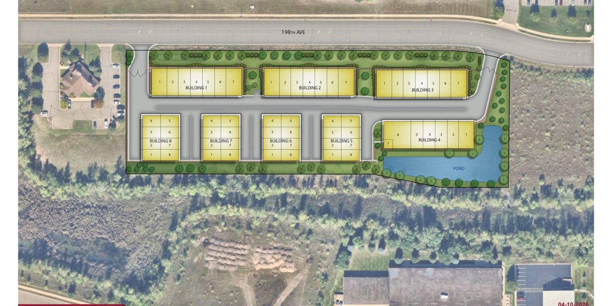 A site plan showing eight buildings, a pond, and surrounding greenery along 198th Ave.
