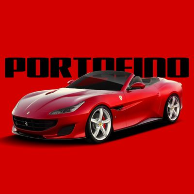 Red Ferrari Portofino convertible sports car against a red background.