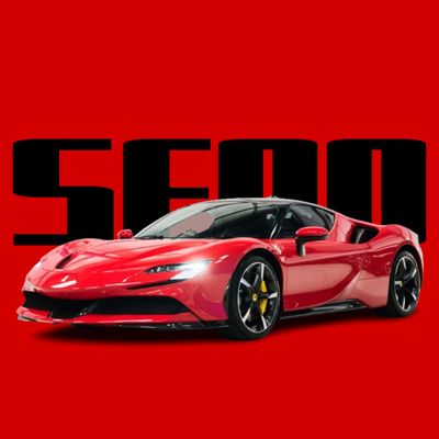 Red Ferrari SF90 sports car with a bold red background and large black SF90 text.