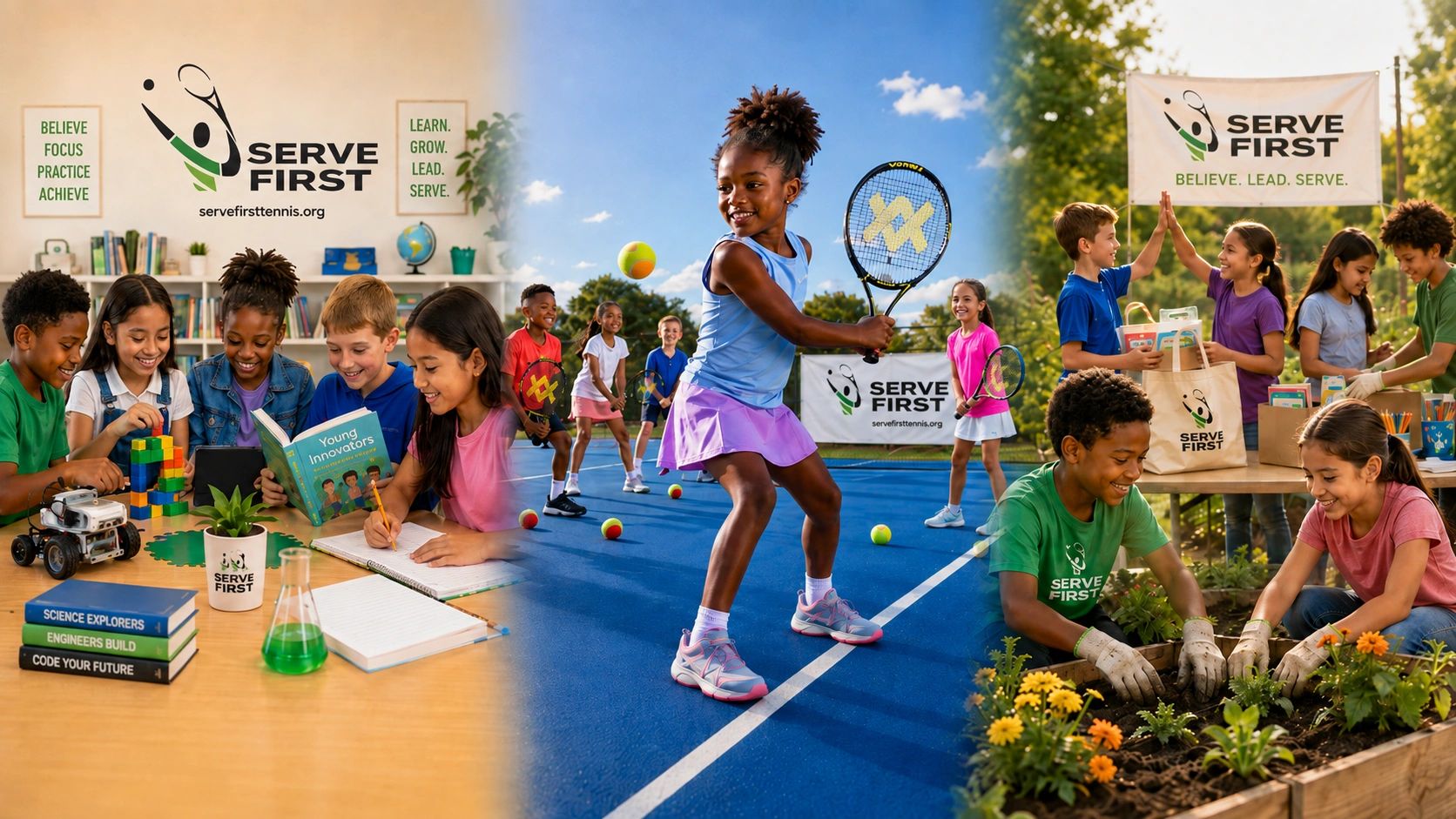 Serve First collage showing young people learning, playing tennis, and gardening.