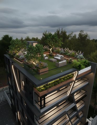 Modern rooftop garden with seating, lush greenery, and ambient lighting at dusk.