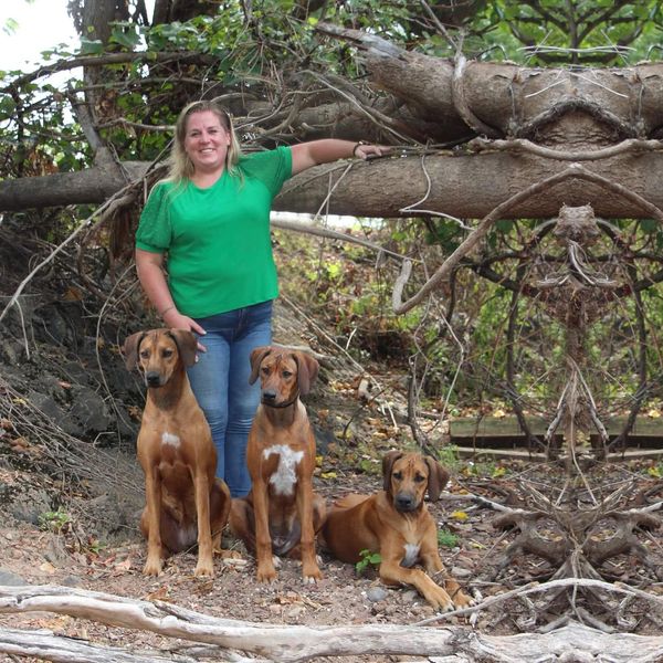 Woman posing with three brown dogs in a wooded area.