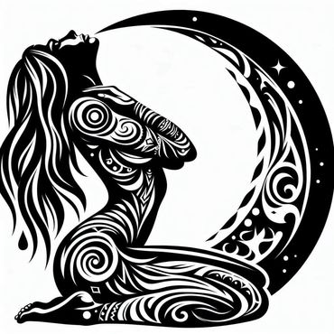 Black and white tribal art of a woman with intricate patterns beside a crescent moon.