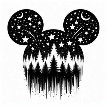 Mickey Mouse silhouette with night sky, stars, crescent moons, and pine trees inside.